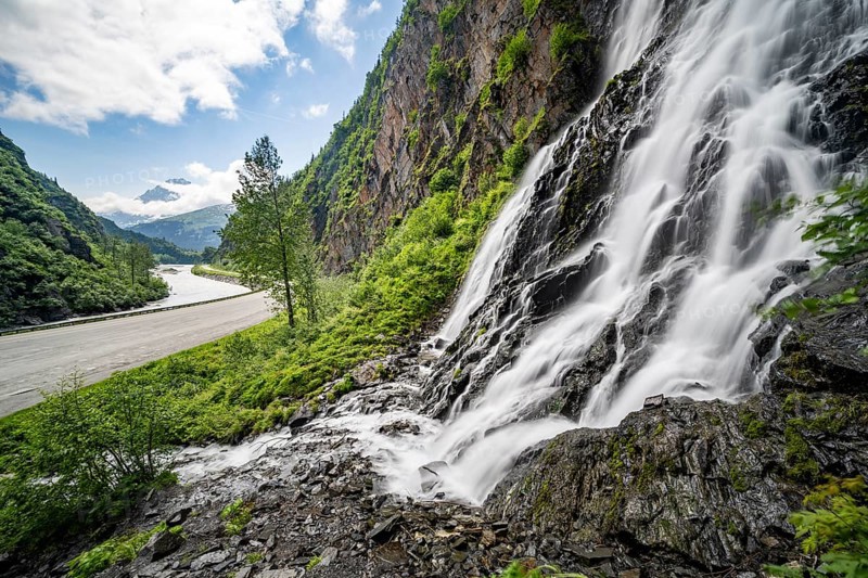 Bridalveil Falls waterfall, canyon, long exposure, Keystone Canyon, Richardson Highway, Alaska, USA