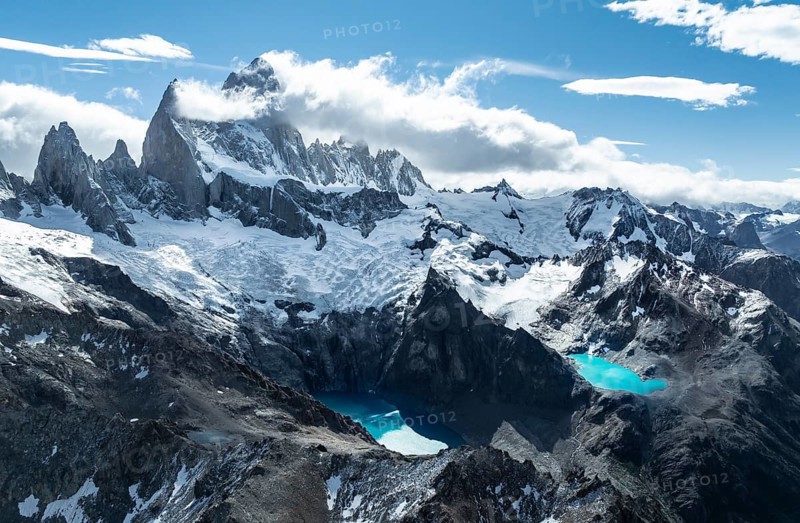 Aerial View, Epic Panorama, Large Glaciers, Lago de los Tres Laguna Sucia Glacier Lakes, Mountains and Peaks of Monte Fitz Roy, Mount Fitz Roy, Cerro Chalten, Los Glaciares National Park, Patagonia, Santa Cruz Province, Argentina