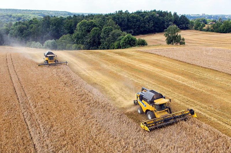 Grimma, 18.07.13 Harvesters harvesting in a field near Grimma. The picture was taken with a remote-controlled drone, Grimma, Germany
