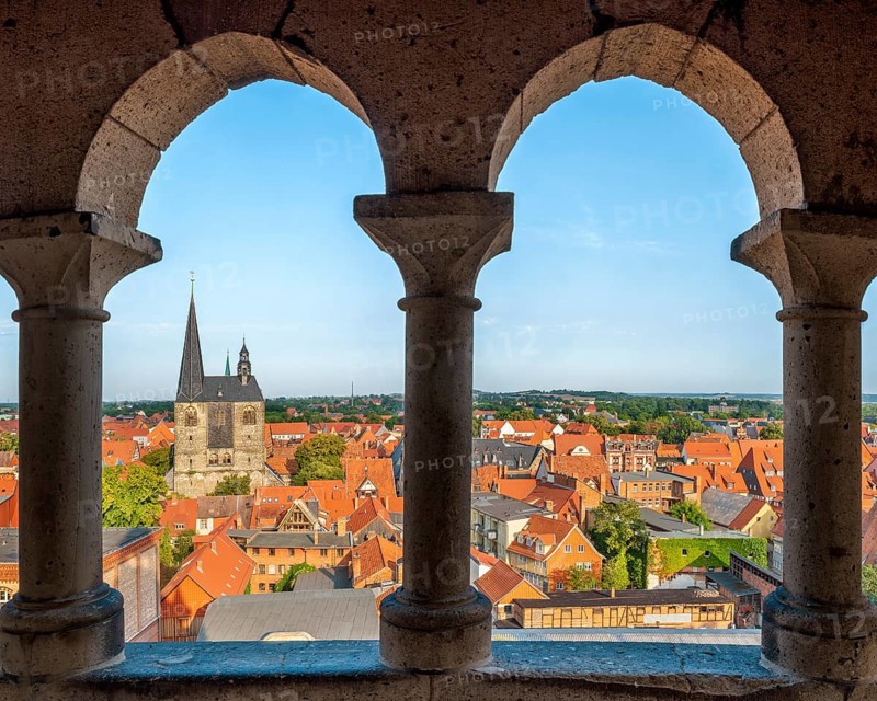 View of the roofs of the historic old town and the market church of St. Benediktii, UNESCO World Heritage Site, Quedlinburg, Saxony-Anhalt, Germany
