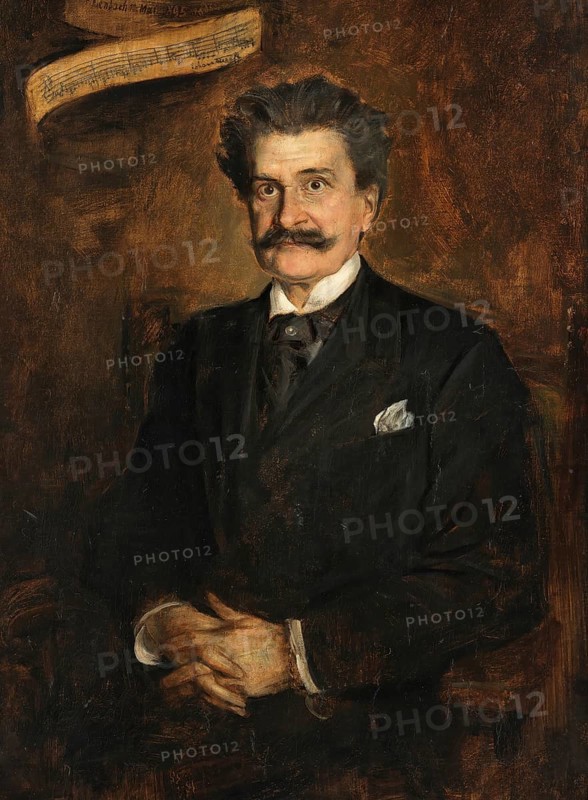 Painting, Reproduction of the painting, Work of art, Historical, Franz Seraph Lenbach, since 1882 Ritter von Lenbach (born 13 December 1836 in Schrobenhausen, died 6 May 1904 in Munich), German painter, Munich painter prince, here his work:, Johann Strauss (son), composer (1895), Johann Baptist Strauss (born 25. October 1825 (2) in St. Ulrich near Vienna, today part of Vienna-Neubau, died 3 June 1899 in Vienna) was an Austrian-German bandmaster and composer and was internationally acclaimed as the king of waltzes, A formal man sits in front of a sheet of music and looks serious