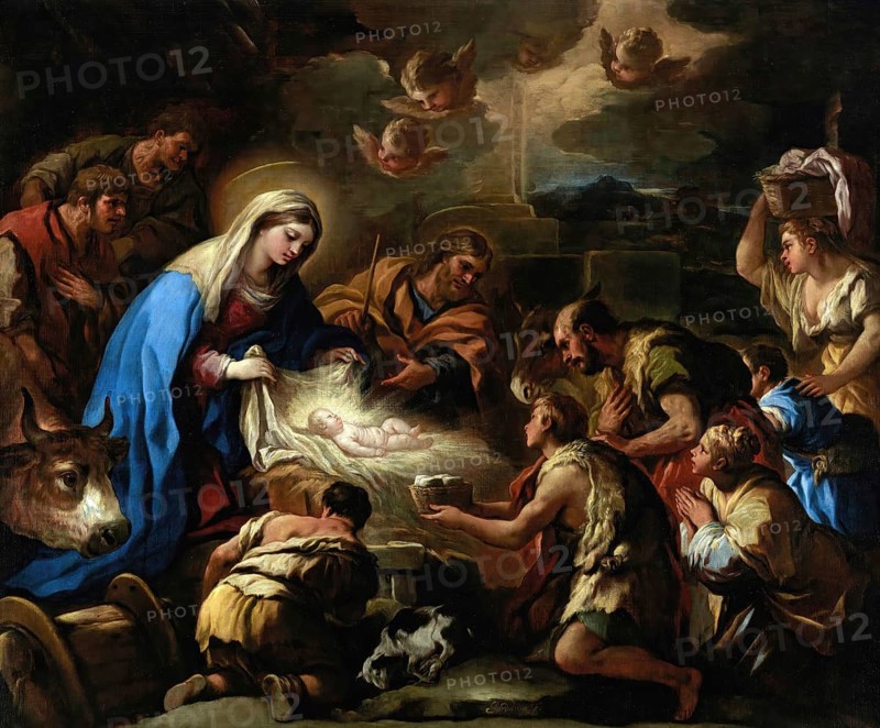 Luca Giordano (b. 18 October 1634, d. 3 January 1705), called Fa Presto, Italian painter and etcher of the Baroque period, The Adoration of the Shepherds, Painting, Reproduction of the painting in its original state, Work of art, Historical, The birth of Jesus is viewed by Mary and shepherds with a shining ray of light