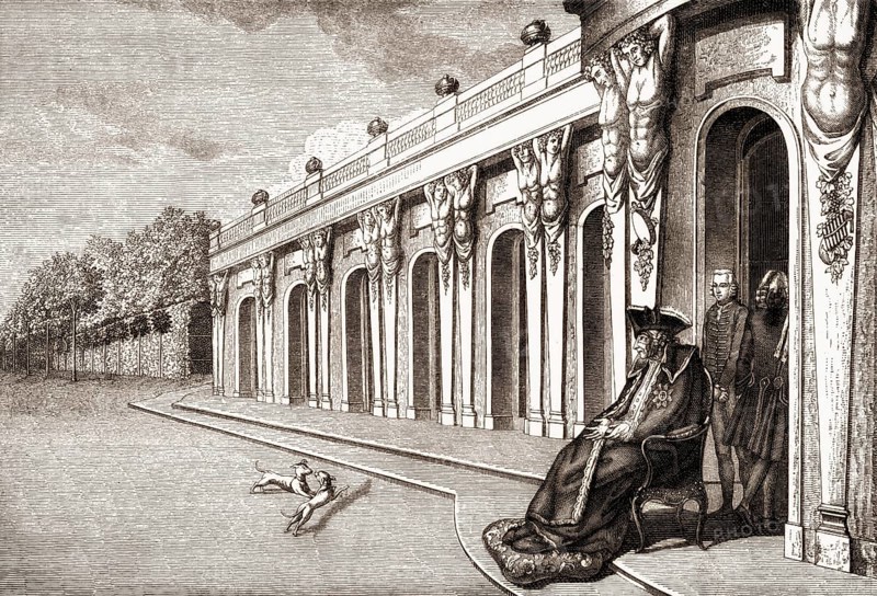 Frederick II or Frederick the Great, 1712-1786, King of Prussia in his last days on the terrace of Sanssouci Palace, Potsdam, Germany