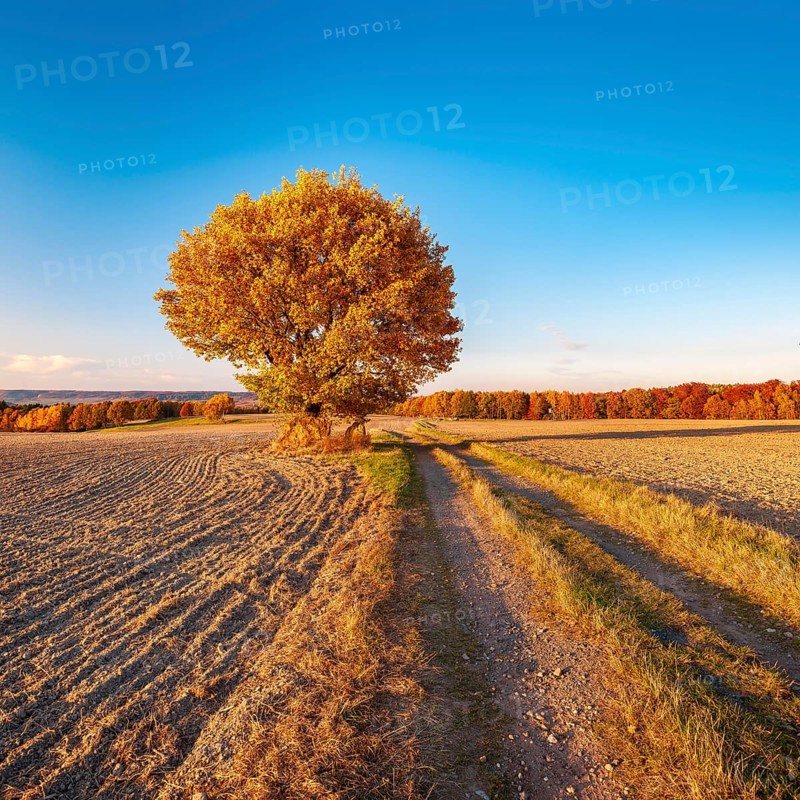 Field landscape in evening light, solitary oak on a dirt road in full autumn colors, ploughed field, Bürgel church tower in the back, Saale-Holzland district, Thuringia, Germany