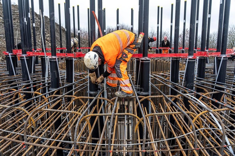 Assembly of reinforcing steel for the reinforced concrete foundation of a wind turbine, a mesh of rebar and rebar mesh, over 100 tons of reinforcing steel were used, the wind turbine will have a hub height of 160 meters, part of a new wind farm in Sauerland, near Balve, North Rhine-Westphalia, Germany