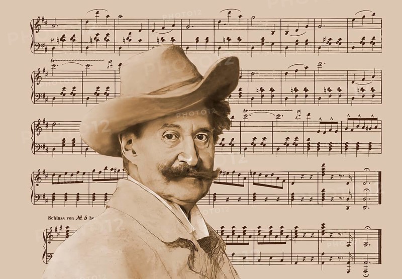 Johann Baptist Strauss II, 1825 – 1899, Austrian composer and violinist, 1879, digitally edited according to an illustration by Leopold Horovitz, notesheet from „The Blue Danube“