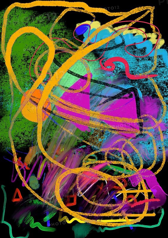 A vibrant and dynamic abstract composition featuring bold, swirling lines and geometric shapes in vivid colors against a dark background, creating a sense of energy and motion