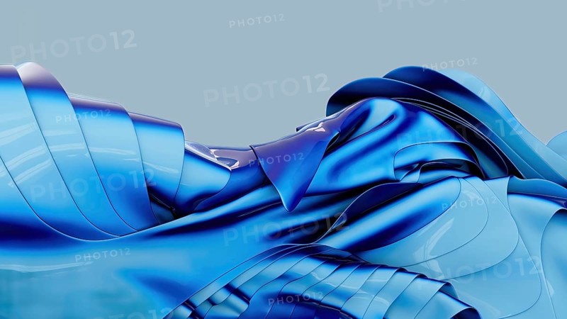 A vibrant abstract composition featuring intertwined blue metallic shapes, creating a dynamic, fluid wave pattern against a soft, neutral background. Captures movement and modernity