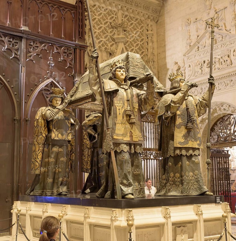 Detailed sarcophagus with elaborate figures in a historic church, Seville, Andalusia, Spain