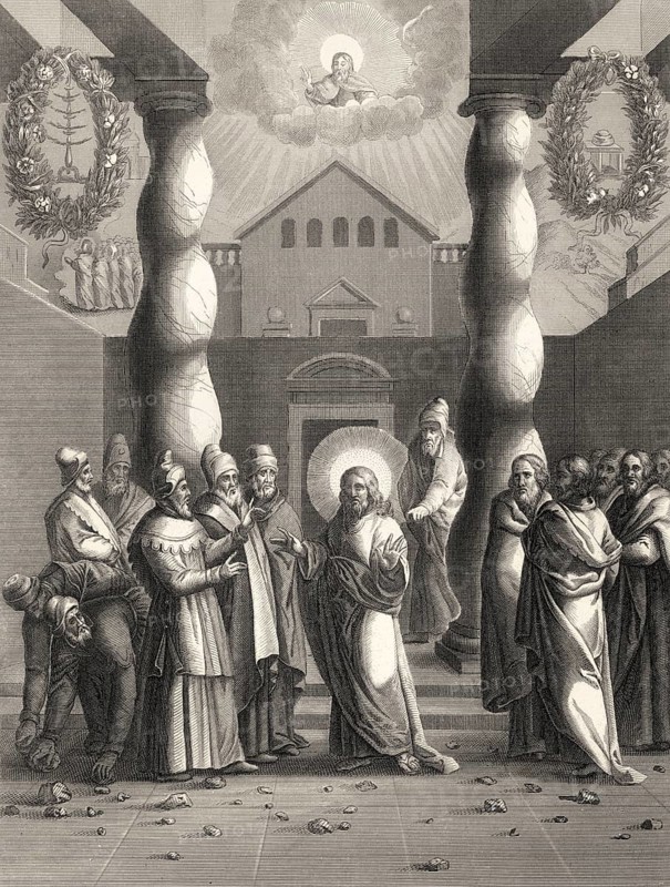 Pharisees try to trap Jesus, New Testament, steel engraving 1853, digitally restored