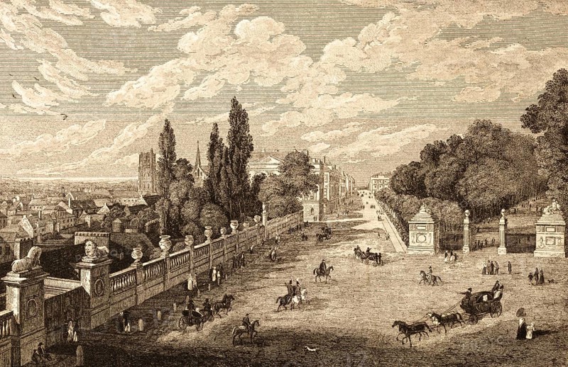 Belvue in Brussels, Belgium, park, square, pedestrian, promenade, horse-drawn carriage, rider, steel engraving, upscale lifestyle, society, villas, church tower, hillside, historical illustration 1834