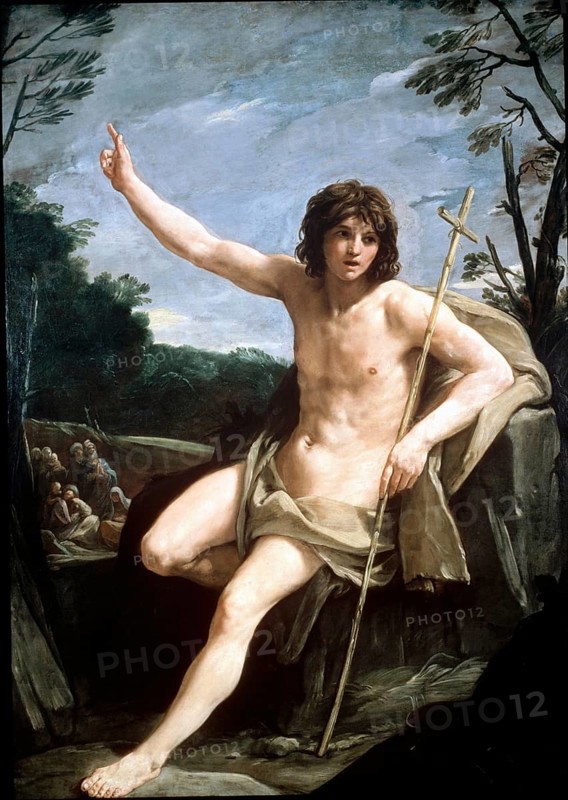 Painting, Reproduction of the painting, Work of art, Historical, Guido Reni, called il Guido or il divino Guido (born 4 November 1575 in Bologna, died 18 August 1642) Italian painter, fresco artist and etcher of the Bolognese school, main representative of a baroque classicism in painting, here the work:, St John the Baptist in the Wilderness (c.1636-37), St John the Baptist in the Wilderness (c.1636-37), Young man holding a staff and pointing to the sky, surrounded by a crowd in wooded surroundings