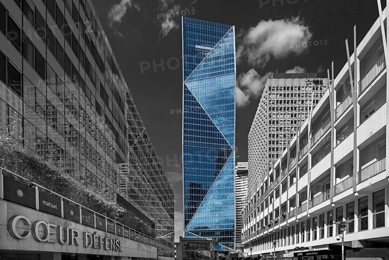 High-rise office buildings and employee apartments in La Défence, largest office building district in Europe, black and white, Paris, France