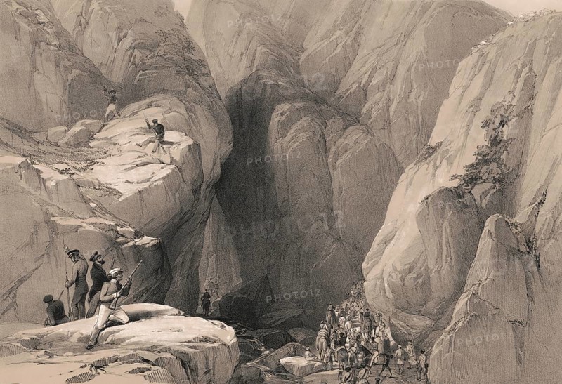 Entrance into the Khojak Pass, Baluchistan, Pakistan, First Anglo-Afghan War, sketch by James Atkinson, 1840