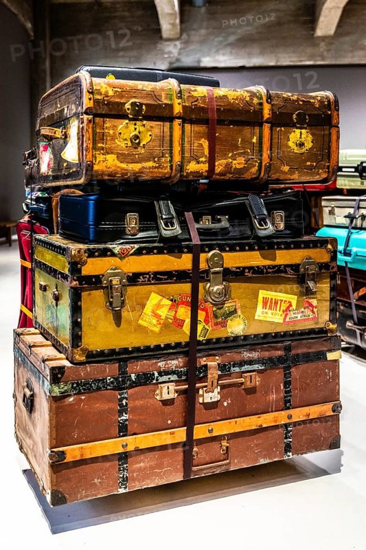 Luggage maze, historic suitcases, FENIX, museum about migration, in a historic warehouse in Katendrecht, hub for emigrants who set off overseas on the Holland-America line, Rotterdam, the Netherlands