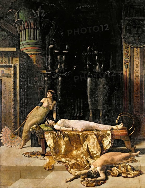 John Collier (born 28 January 1850 in London, died 11 April 1934), British writer and painter in the Pre-Raphaelite style, here his work: The Death of Cleopatra (1890), Two woman resting in an Egyptian-style room with opulent fabrics and statues