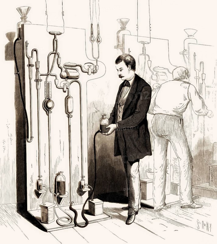 Production of Thomas Edison's lightbulbs, 1880, digitally edited