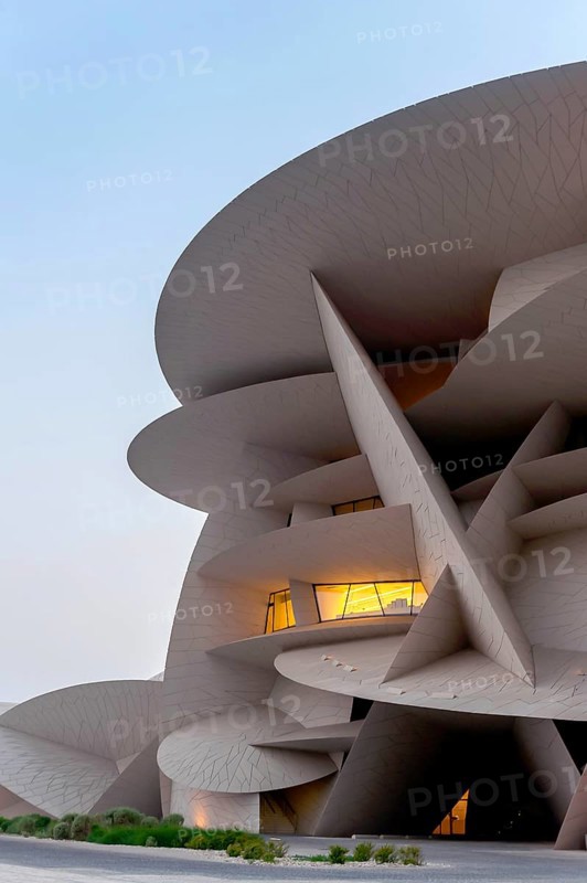 Doha, Qatar. September 23rd 2019 The Desert Rose. Beautiful architecture of The National Museum of Qatar at evening time on the Corniche of Doha