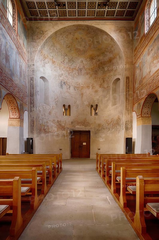 Interior view, western apse, nave, ceiling painting, parish church of St George, Oberzell, Reichenau Island, district of Constance, Baden-Württemberg, Germany