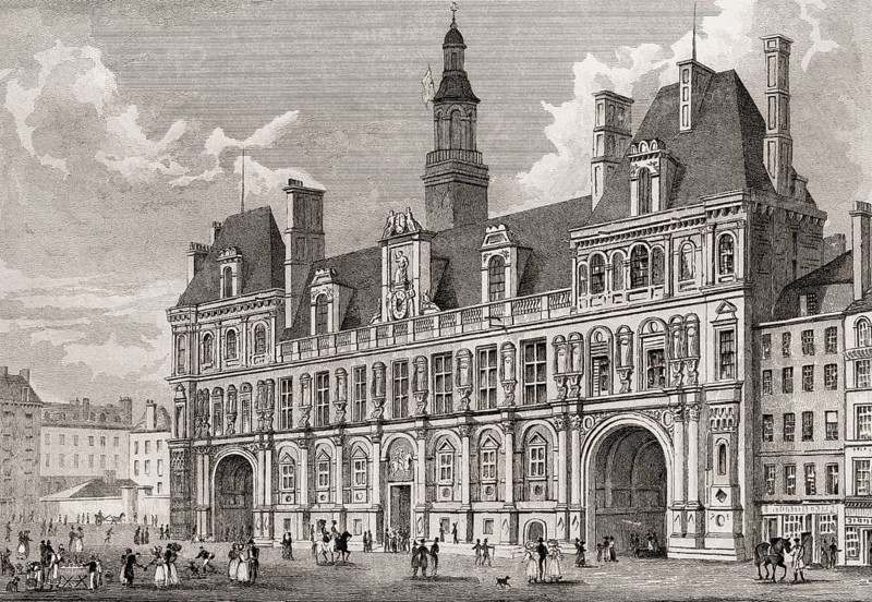 Hôtel de Ville, Paris, antique steel engraved print, 1831