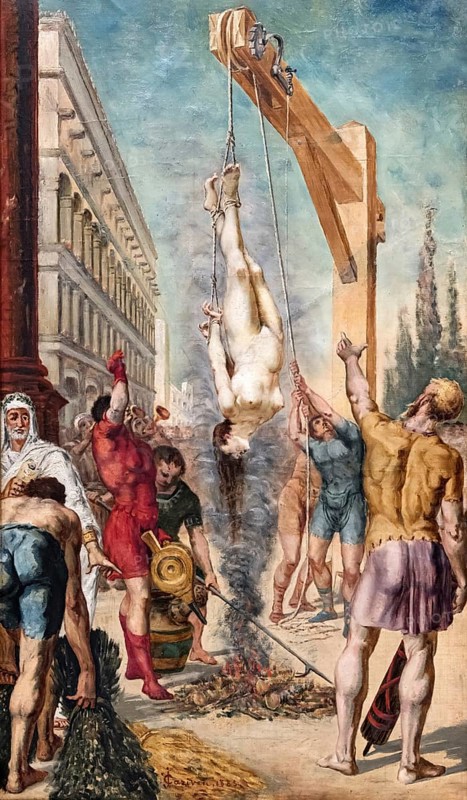Torture with smoke, St Zoe of Rome (died around 286) was a noblewoman married to Nicostratus, a high Roman court official. She died, suffocated by smoke, hanging over a fire. Her body was then thrown into the Tiber. Painting by Jean-Baptiste Cariven (1843 to 1904, French painter), reproduction of a 19th century painting, digitally restored, historical