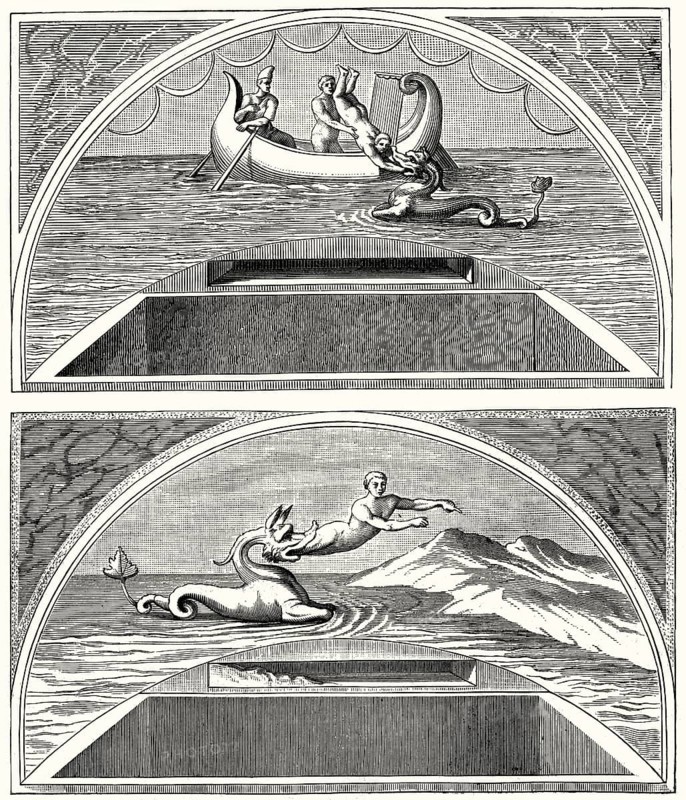 Prophet Jonah being thrown into the Sea, Catacomb of Priscilla, Rome, Italy