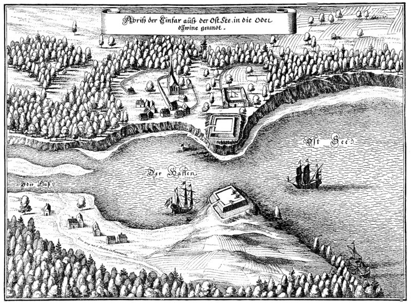 Panoramic view of Swinemünde or Swinoujscie, 17th century, Usedom, Westpommern, Poland, Europe, Historische Zeichnung, Stadtansicht von Swinemünde oder Swinoujscie, Usedom, Stettiner Haff, Ostsee, Westpommern, Polen, im 17. Jahrhundert