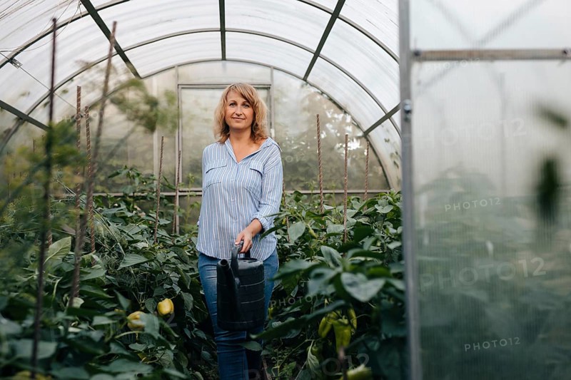 A woman stands in a lush greenhouse, holding a watering can. Surrounded by thriving plants, she embodies sustainable agriculture and care for the environment