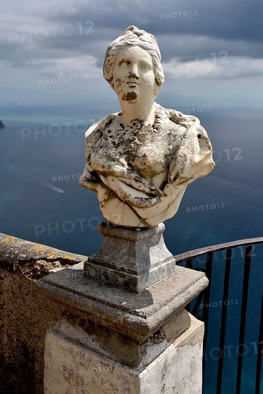 Marble bust at Terrazza dell'Infinito of Villa Cimbrone, Ravello, Amalfi Coast, Costiera Amalfitana, Province of Salerno, Campania, Italy