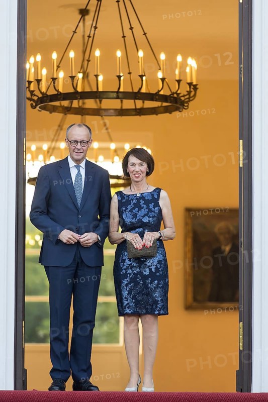 Friedrich Merz (Chancellor of the Federal Republic of Germany, CDU) with his woman Charlotte Merz on arrival at the festive dinner to mark the 60th anniversary of the establishment of diplomatic relations between the Federal Republic of Germany and the State of Israel at Bellevue Palace on 12 May 1965. The dinner, hosted by Federal President Frank-Walter Steinmeier and First Lady Elke Büdenbender, will also be attended by the President of the State of Israel Isaac Herzog and his woman Michal Herzog. Berlin, 12.05.2025