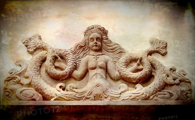 Mythological Mermaid Creature, wall decoration, Welf Castle of Herzberg, Herzberg am Harz, district of Göttingen, Lower Saxony, Germany, digitally edited