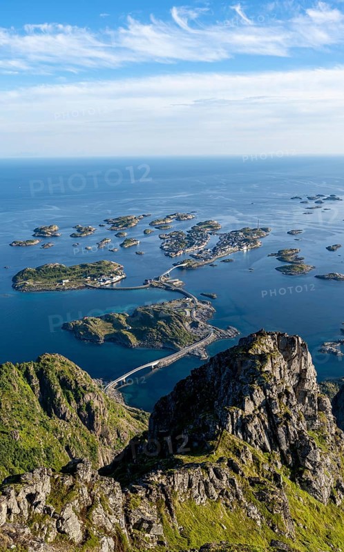 Bridges connecting numerous small rocky islands, archipelago islands, view of Henningsvær, Vågan, Lofoten, Nordland, Norway