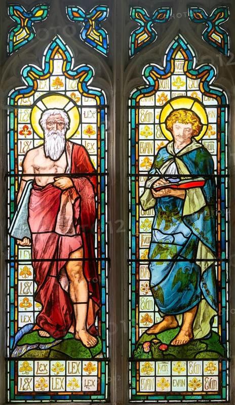 Stained glass window of Moses and Saint John by Ford Madox Ford c 1878, Kelsale church, Suffolk, England, UK