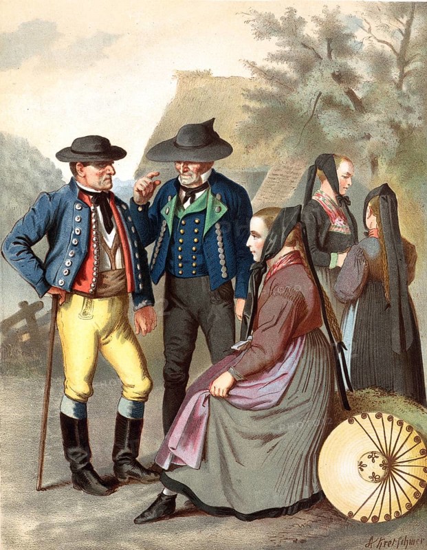 Traditional costumes in Germany around 1820, Württemberg, Freudenstadt, Rottenburg, Three men and two woman in traditional dress in a village, digitally retouched reproduction of a model from around 1850, by Albert Kretschmer (27 February 1825, 11 July 1891), German painter and traditional costume expert