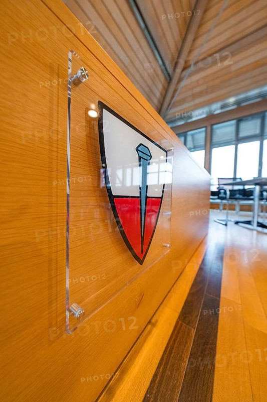 Modern interior decoration with coat of arms on a wooden wall panelling, Nagold Town Hall, Black Forest, Germany
