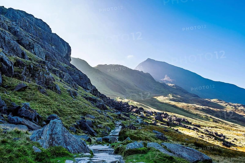 Autumn colours of Pen-y-Pass over Miner's Track, Start Point and road A4086, Snowdonia, Wales, UK
