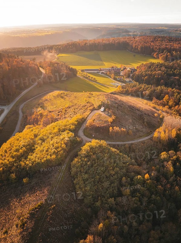 Aerial view of hills and fields surrounded by autumnal forests, Lindenrain industrial estate, Gechingen, Black Forest, Germany