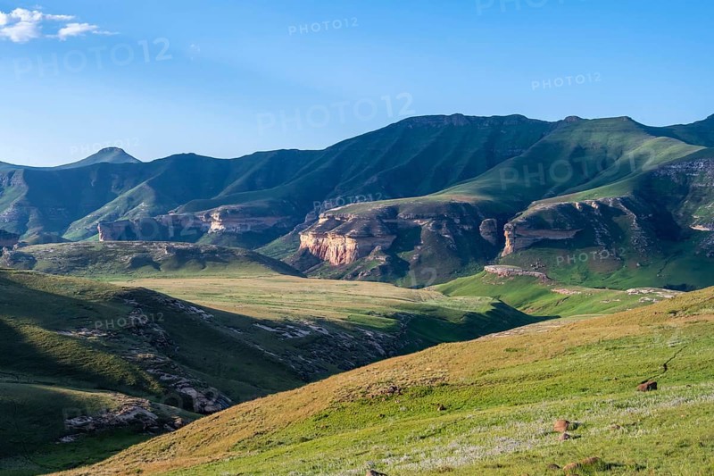 Grassland with sandstone cliffs and cliffs, landscape in Golden Gate Highlands National Park, Free State, South Africa