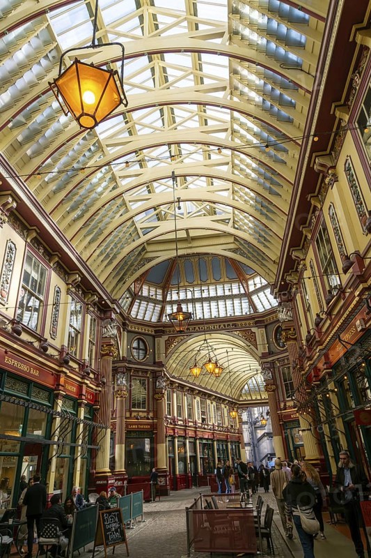 Historic covered shopping arcade Leadenhall Market, City of London, London, England, UK architect Sir Horace Jones 1881