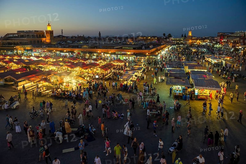 Place Djemma el-Fna, Gauklerplatz, UNESCO World Heritage Site, sunset, Marrakech, Morocco