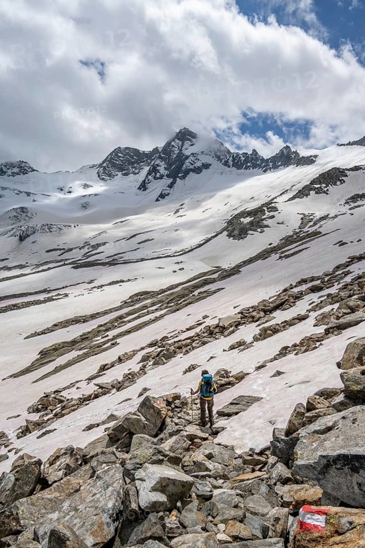 Mountaineer on a hiking trail between snow, descent from the summit of Schönbichler Horn, view of snow-covered and glaciated mountain landscape with summit Großer Möseler, Berliner Höhenweg, Zillertal Alps, Tyrol, Austria