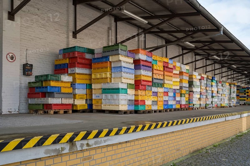 Numerous colored containers are stacked at a warehouse, Sassnitz, Rügen, Insel, Baltic Sea, Mecklenburg-Western Pomerania, Germany