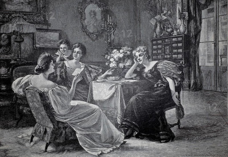 Scene shows a group of woman in a richly decorated salon and provides an insight into the fashion and home furnishings of the upper middle classes of that time, 1896, four woman, illustration, reproduction from a model from the 19th century. Authentic, file restored for optimal use, exact date of submission unknown, Historical, four woman talking in an elegant drawing room. The atmosphere is friendly and relaxed