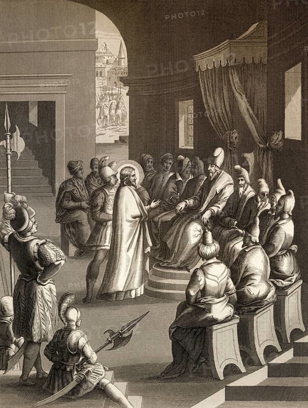 The Sanhedrin trial of Jesus, New Testament, steel engraving 1853, digitally restored