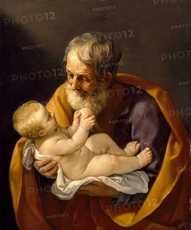 Painting, Reproduction of the painting, Work of art, Historical, Guido Reni, called il Guido or il divino Guido (born 4 November 1575 in Bologna, died 18 August 1642) Italian painter, fresco artist and etcher of the Bolognese school, main representative of a baroque classicism in painting, here the work:, Saint Joseph and the Christ Child, Old man tenderly holding a baby on his lap