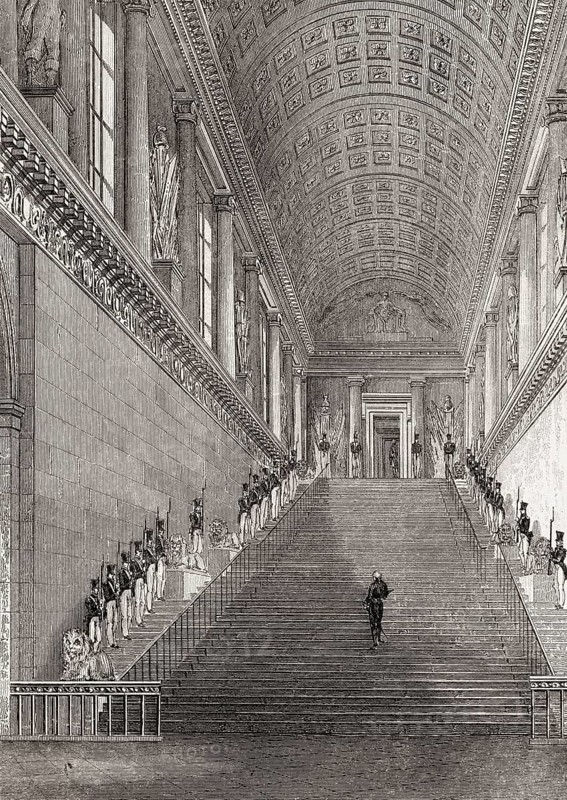 Staircase of the Chamber of Peers, Chambre des Pairs, Paris, antique steel engraved print, 1831