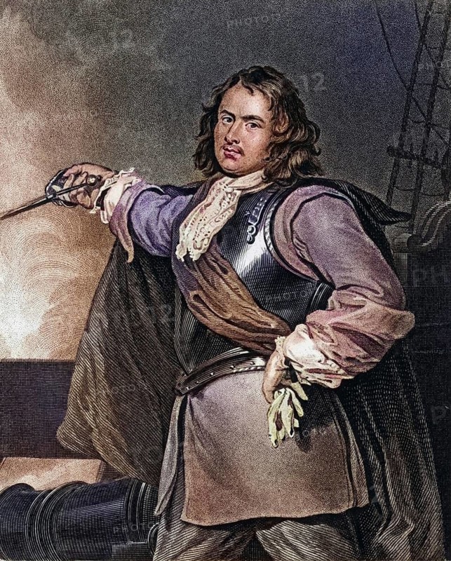Robert Blake (1599-1657) English naval commander, born in Bridgwater, Somerset. During the English Civil War, he fought on the side of Parliament against Charles I. In 1649, Blake was appointed general at sea (admiral) and rebuilt the navy and revised naval tactics. Copper engraving, digitally restored reproduction from a 19th century original, record date not stated