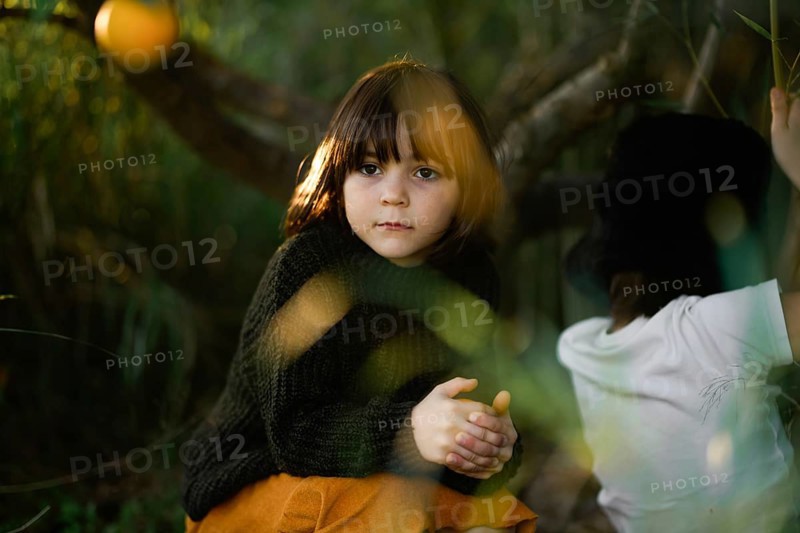 A young child with thoughtful expression sits in a forest setting. Warm sunlight filters through leaves, adding a dreamy feel to the serene natural scene