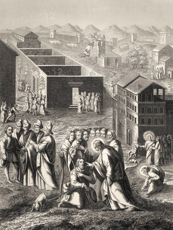 Healing the man blind from birth, New Testament, steel engraving 1853, digitally restored