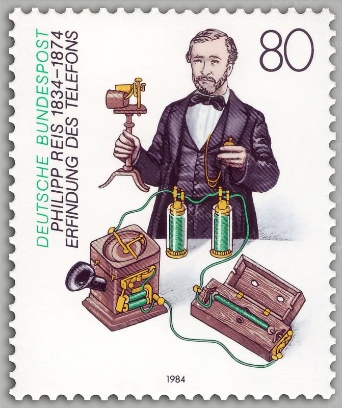 Postage stamp, Telephone transmitter mechanism by Johann Philipp Reis, 1834 – 1874, German scientist and inventor